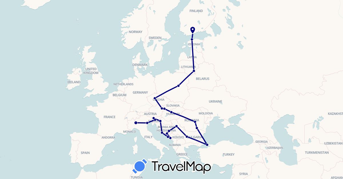 TravelMap itinerary: driving in Austria, Bosnia and Herzegovina, Bulgaria, Czech Republic, Estonia, Finland, Croatia, Hungary, Italy, Lithuania, Montenegro, Poland, Romania, Serbia, Slovenia, Slovakia, Turkey (Asia, Europe)